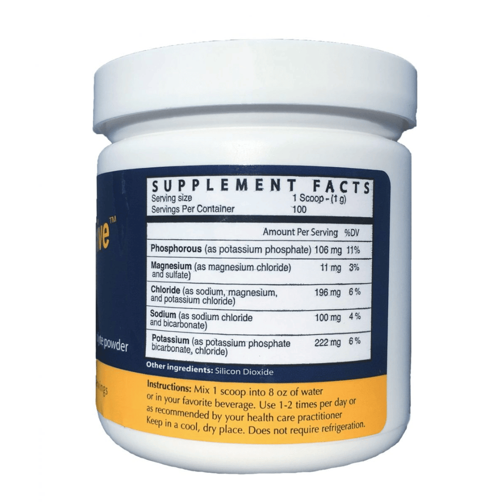 KTS Synerplex Electrolytes powder with potassium, sodium, magnesium, bicarbonates and chlorides in a 2:1 potassium-to-sodium ratio.