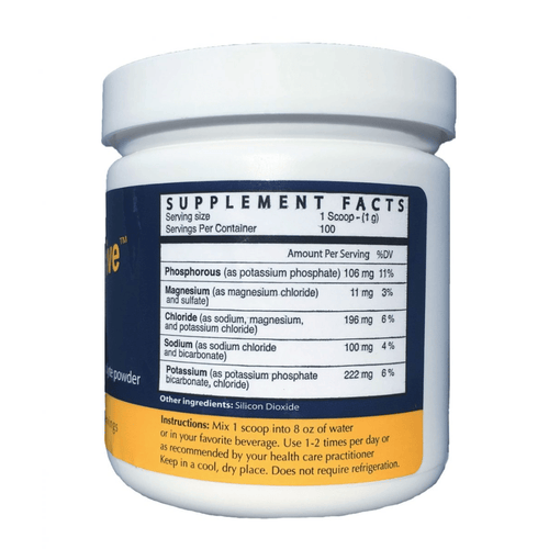 KTS Synerplex Electrolytes powder with potassium, sodium, magnesium, bicarbonates and chlorides in a 2:1 potassium-to-sodium ratio.