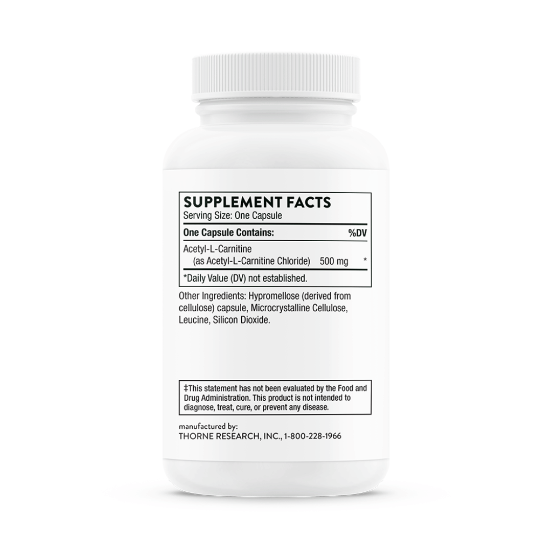 Thorne Acetyl L-Carnitine by Thorne, acetyl L-carnitine capsules in premium supplement bottle with front label packaging.