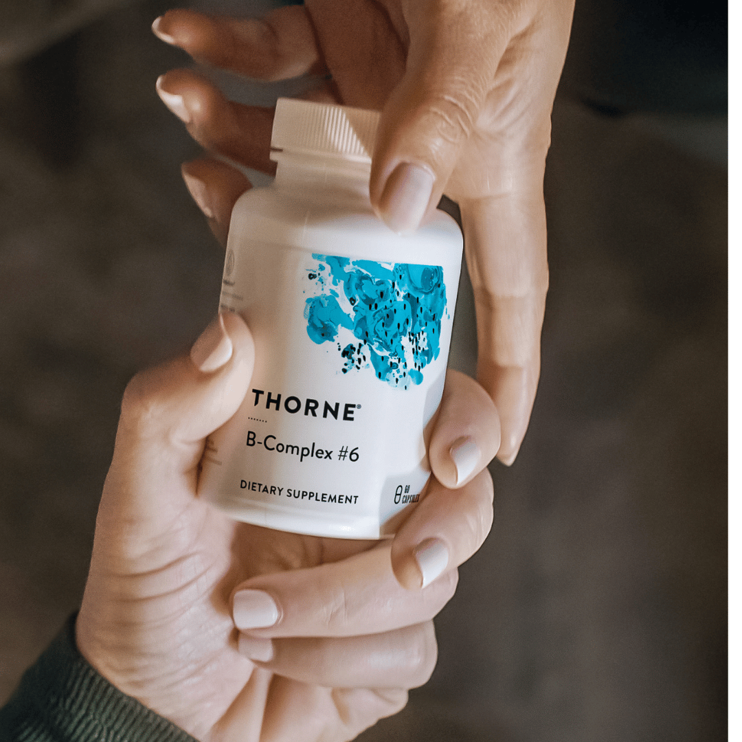 Thorne B-Complex #6 by Thorne, vitamin B complex capsules in supplement bottle with front label packaging.