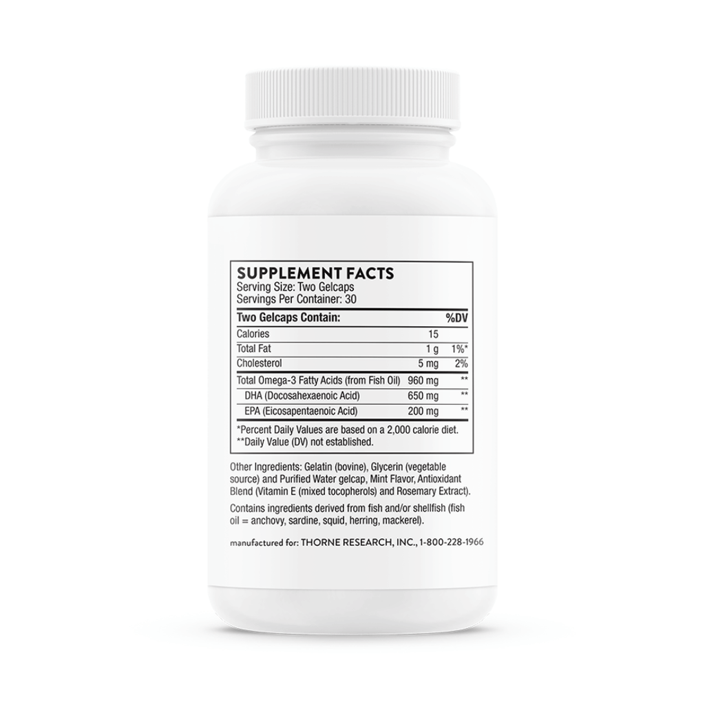 Thorne Advanced DHA by Thorne, omega-3 DHA softgels in premium supplement bottle with front label packaging.