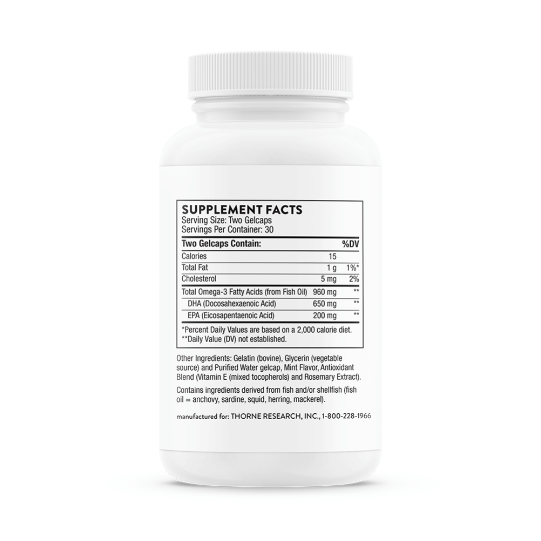 Thorne Advanced DHA by Thorne, omega-3 DHA softgels in premium supplement bottle with front label packaging.