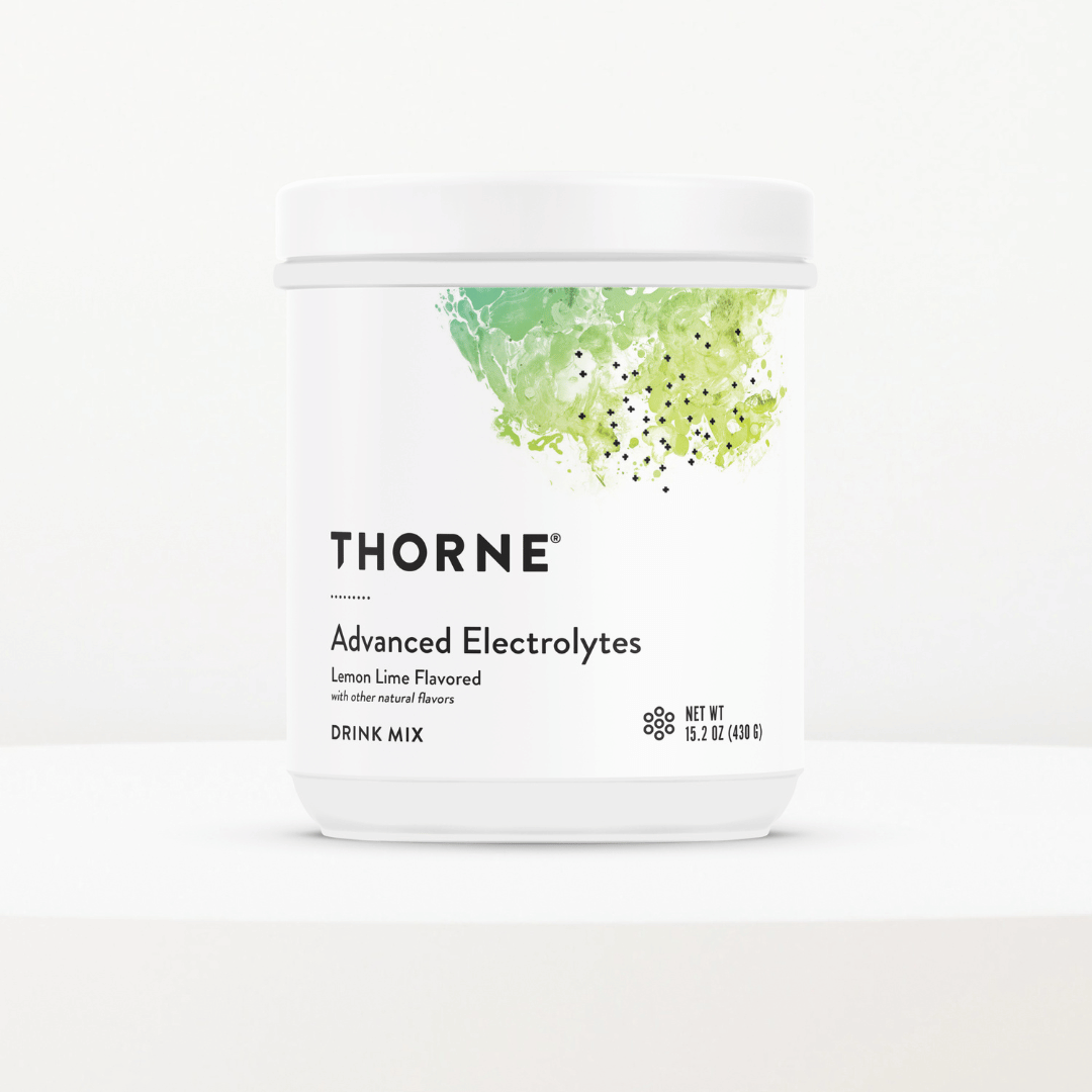Thorne Advanced Electrolytes by Thorne, electrolyte powder in premium supplement container with front label packaging.