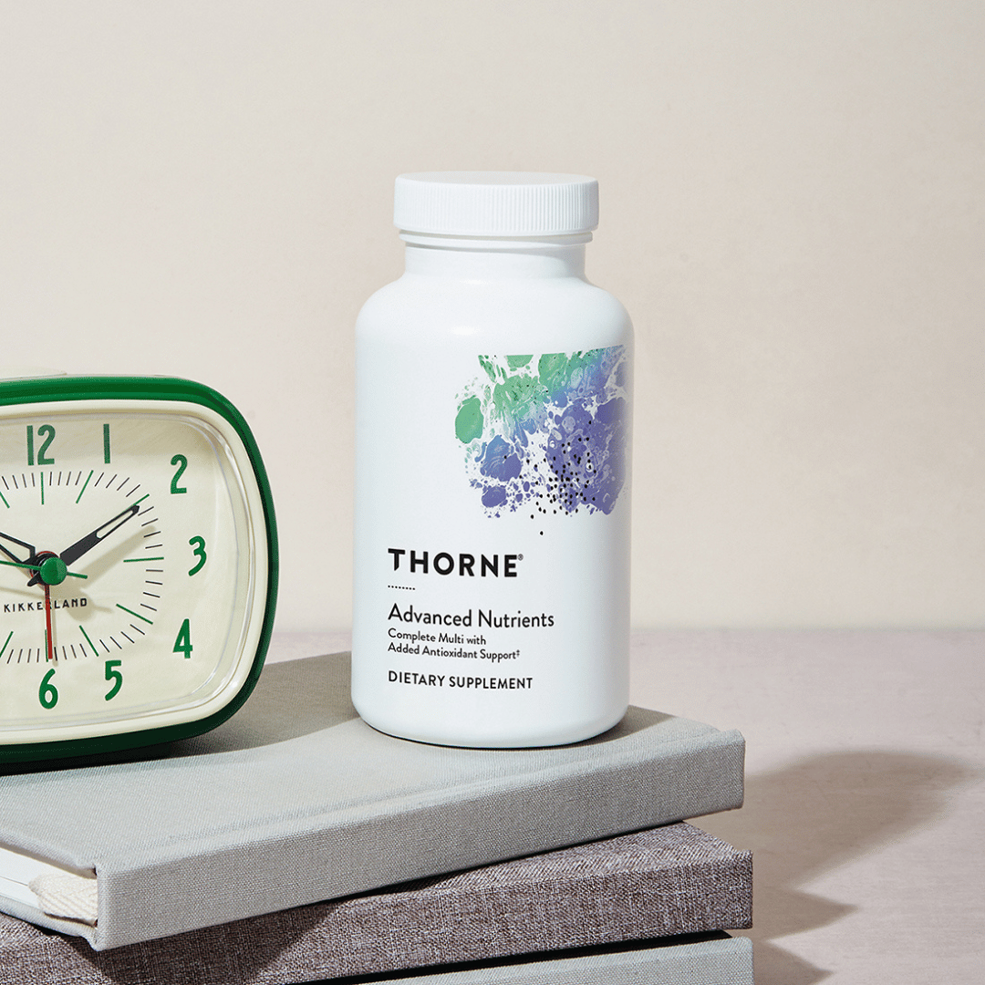 Thorne Advanced Nutrients by Thorne, multivitamin and mineral capsules in premium supplement bottle with front label packaging.