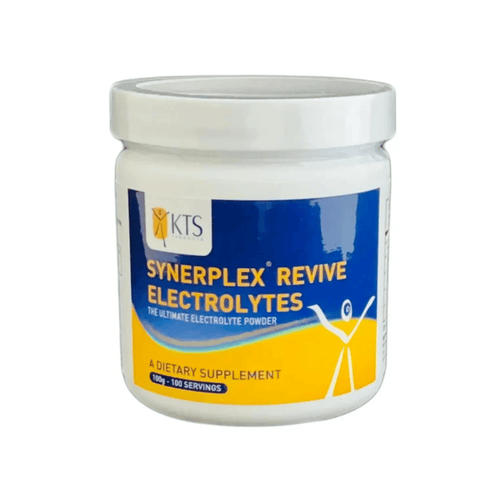KTS Synerplex Electrolytes powder with potassium, sodium, magnesium, bicarbonates and chlorides in a 2:1 potassium-to-sodium ratio.