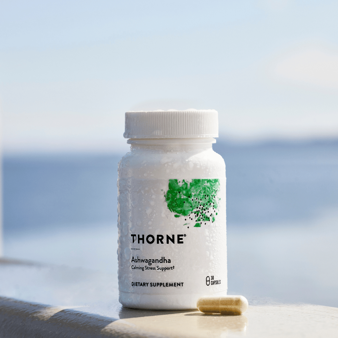 Thorne Ashwagandha by Thorne, ashwagandha capsules in premium supplement bottle with front label packaging.