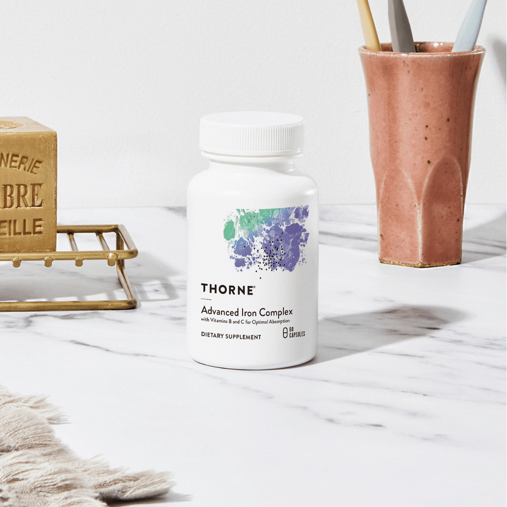 Thorne Advanced Iron Complex (formerly Ferrasorb) by Thorne, iron supplement capsules in premium bottle with front label packaging.