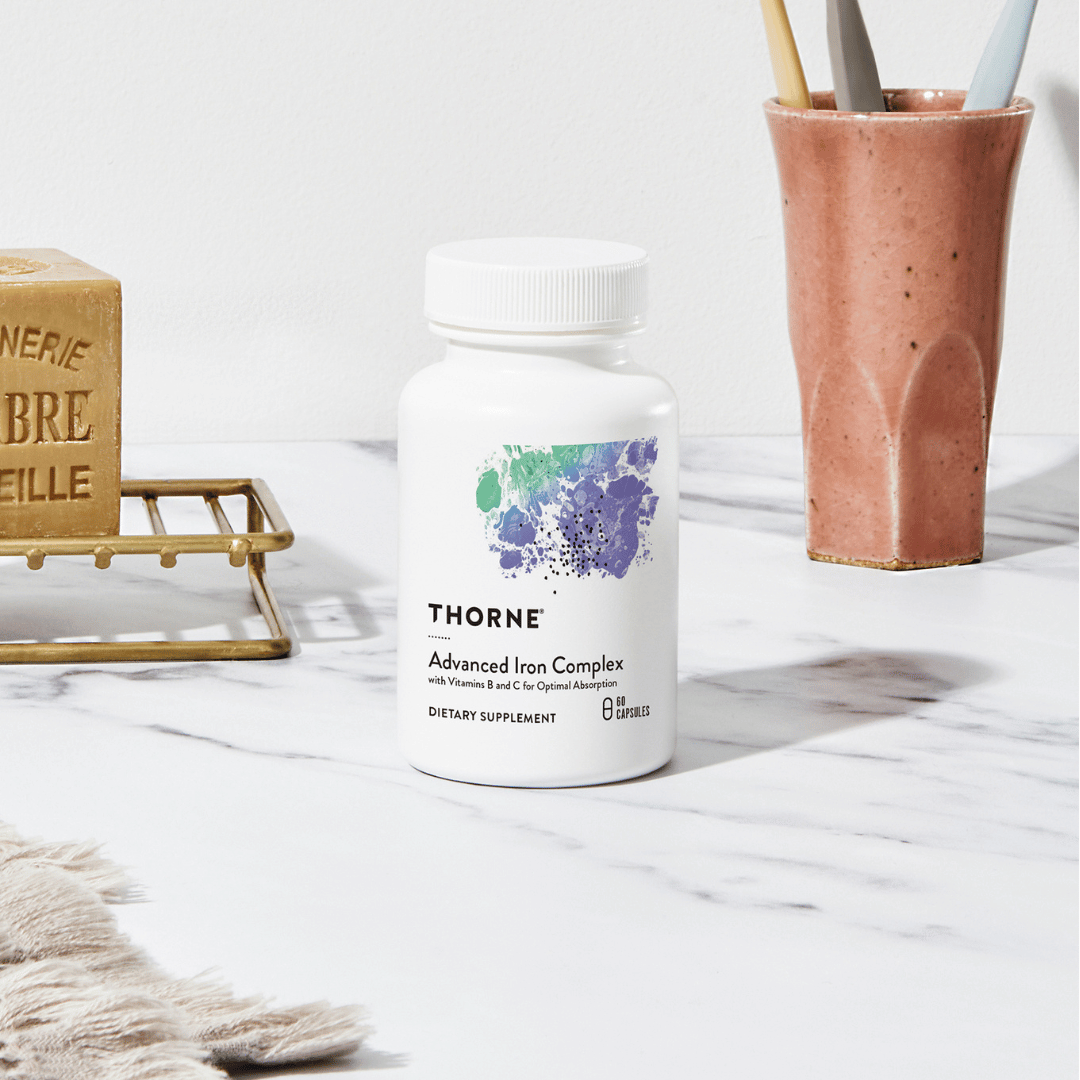 Thorne Advanced Iron Complex (formerly Ferrasorb) by Thorne, iron supplement capsules in premium bottle with front label packaging.