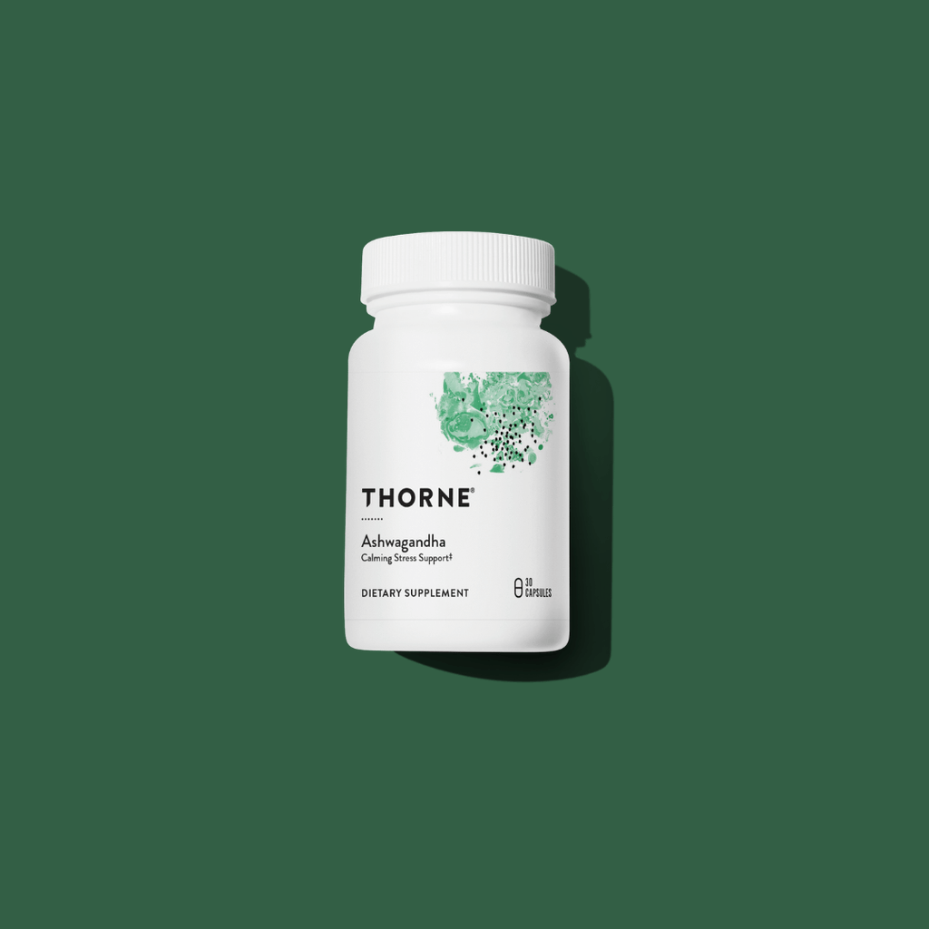 Thorne Ashwagandha by Thorne, ashwagandha capsules in premium supplement bottle with front label packaging.