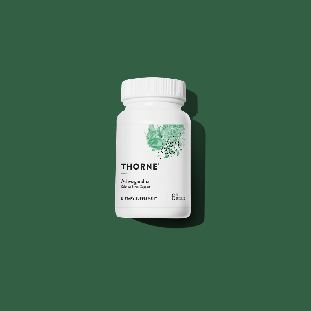 Thorne Ashwagandha by Thorne, ashwagandha capsules in premium supplement bottle with front label packaging.
