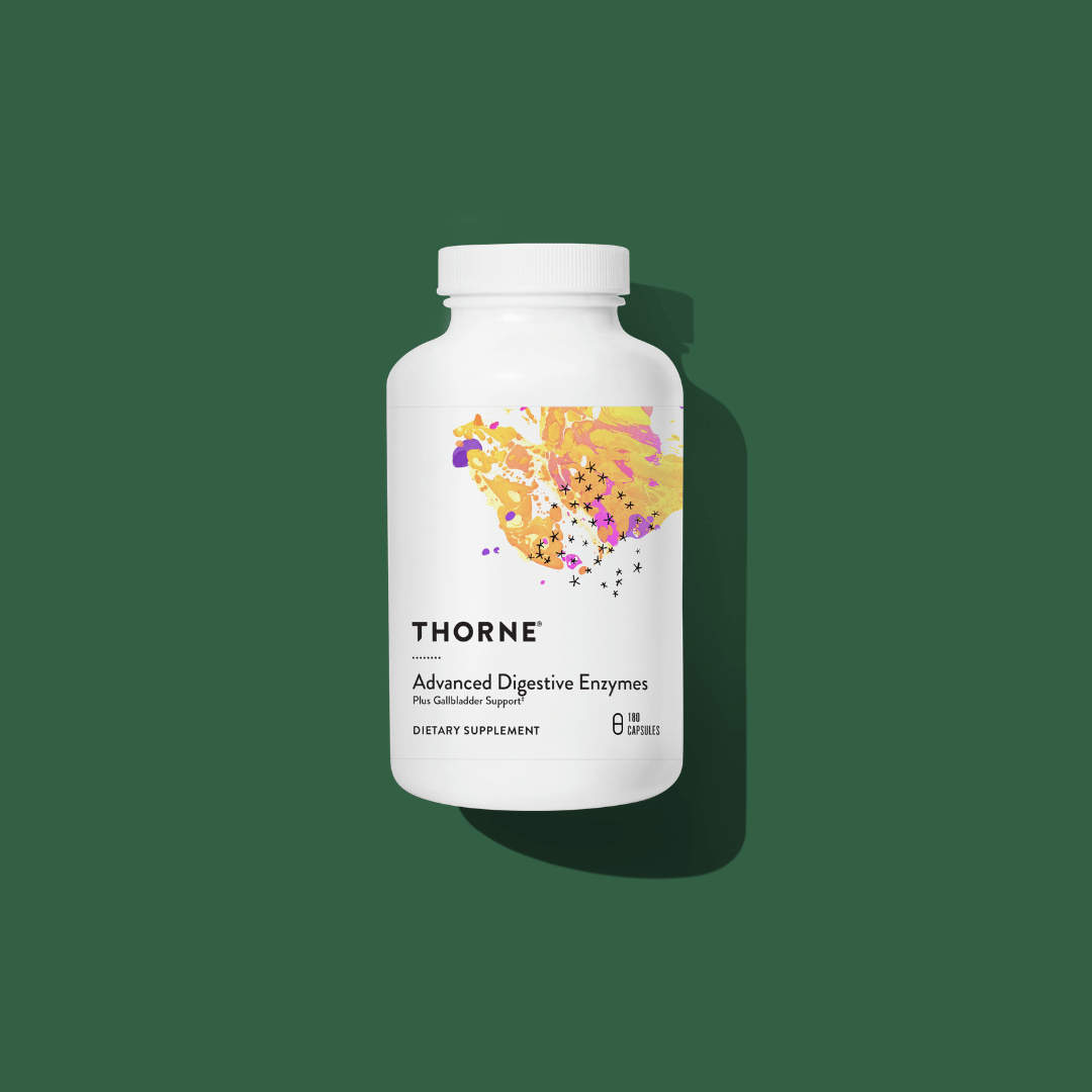 Thorne Advanced Digestive Enzymes by Thorne, digestive enzyme capsules in premium supplement bottle with front label packaging.