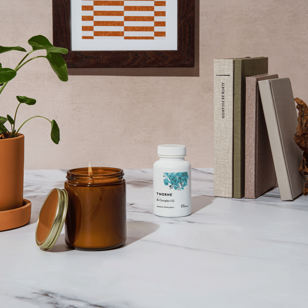 Thorne B-Complex #12 by Thorne, vitamin B complex capsules in supplement bottle with front label packaging.