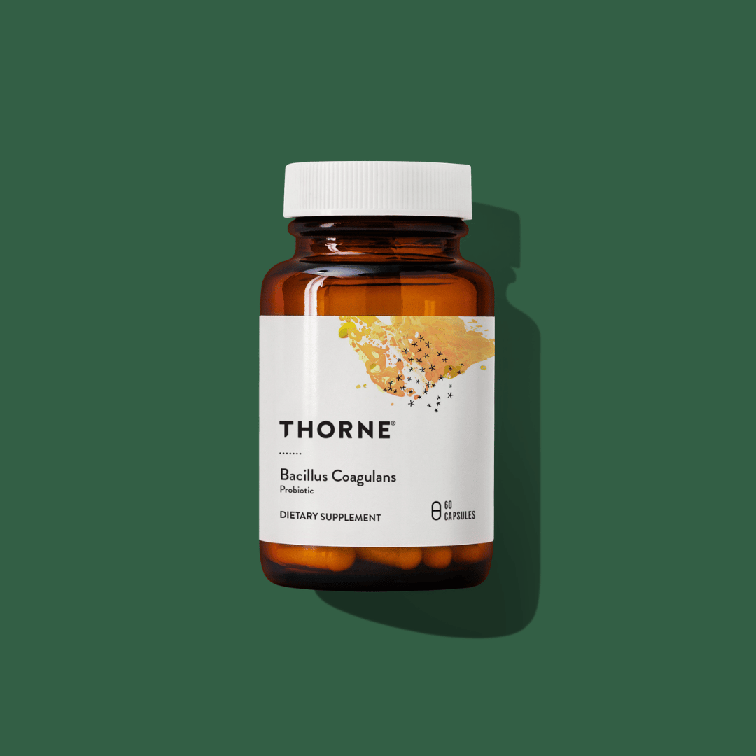 Thorne Bacillus Coagulans by Thorne, probiotic capsules supplement bottle with front label packaging.