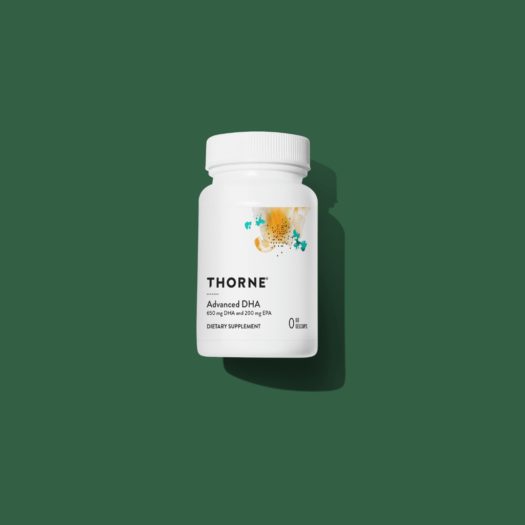 Thorne Advanced DHA by Thorne, omega-3 DHA softgels in premium supplement bottle with front label packaging.
