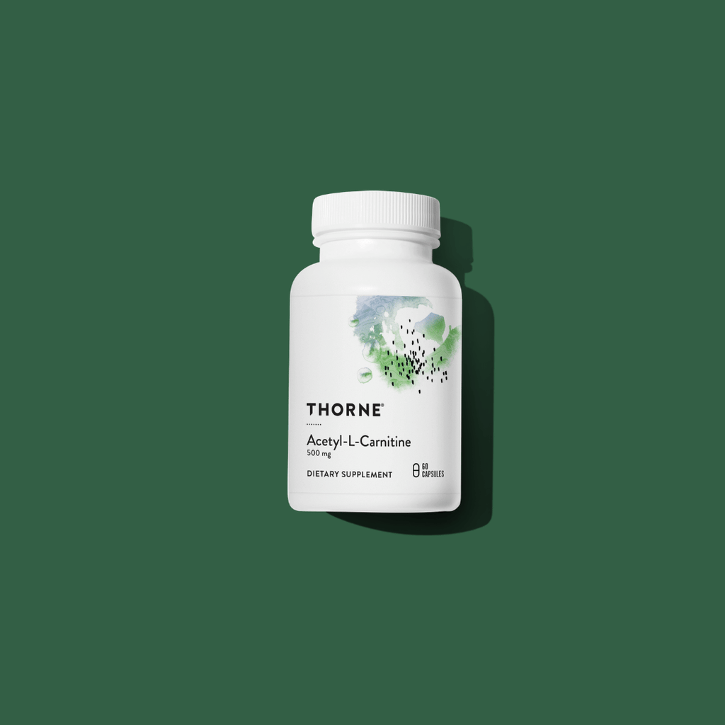 Thorne Acetyl L-Carnitine by Thorne, acetyl L-carnitine capsules in premium supplement bottle with front label packaging.