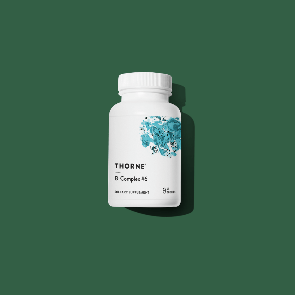 Thorne B-Complex #6 by Thorne, vitamin B complex capsules in supplement bottle with front label packaging.