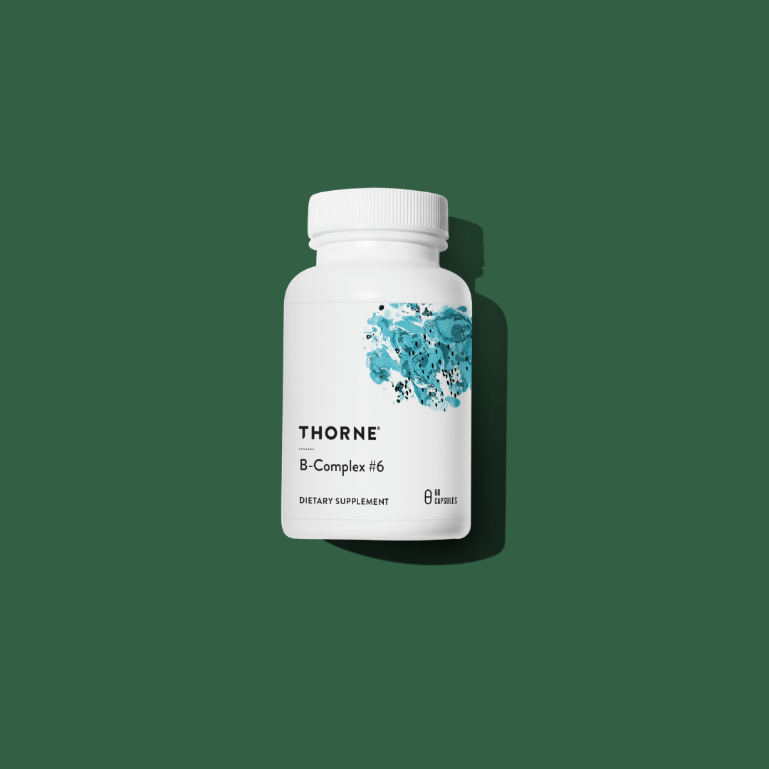 Thorne B-Complex #6 by Thorne, vitamin B complex capsules in supplement bottle with front label packaging.