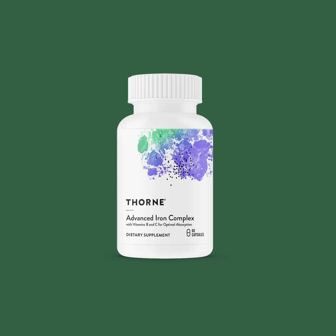 Thorne Advanced Iron Complex (formerly Ferrasorb) by Thorne, iron supplement capsules in premium bottle with front label packaging.