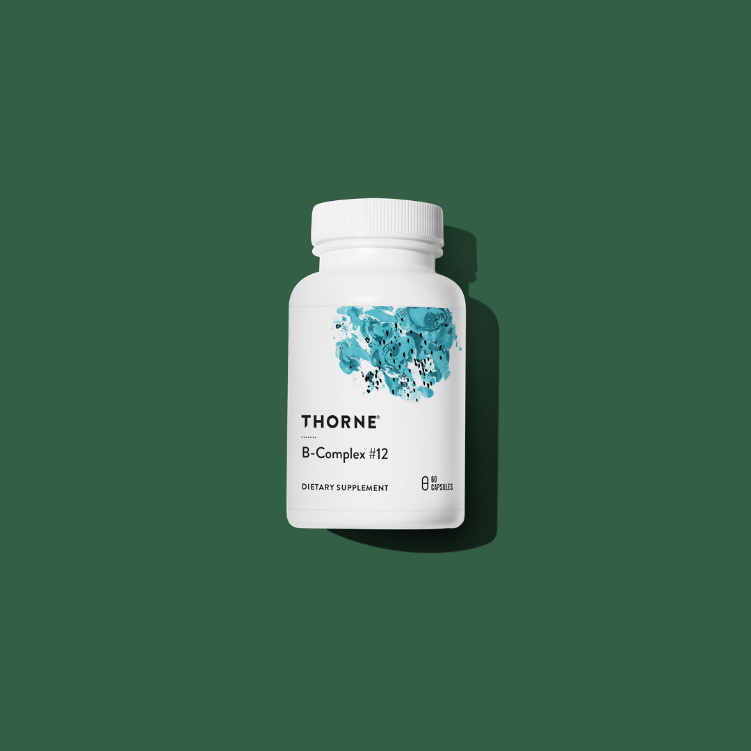 Thorne B-Complex #12 by Thorne, vitamin B complex capsules in supplement bottle with front label packaging.