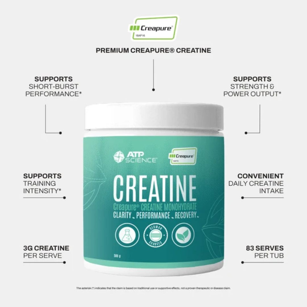 ATP Science Creapure® Creatine Monohydrate powder, formulated to support muscle strength, power output and exercise performance.