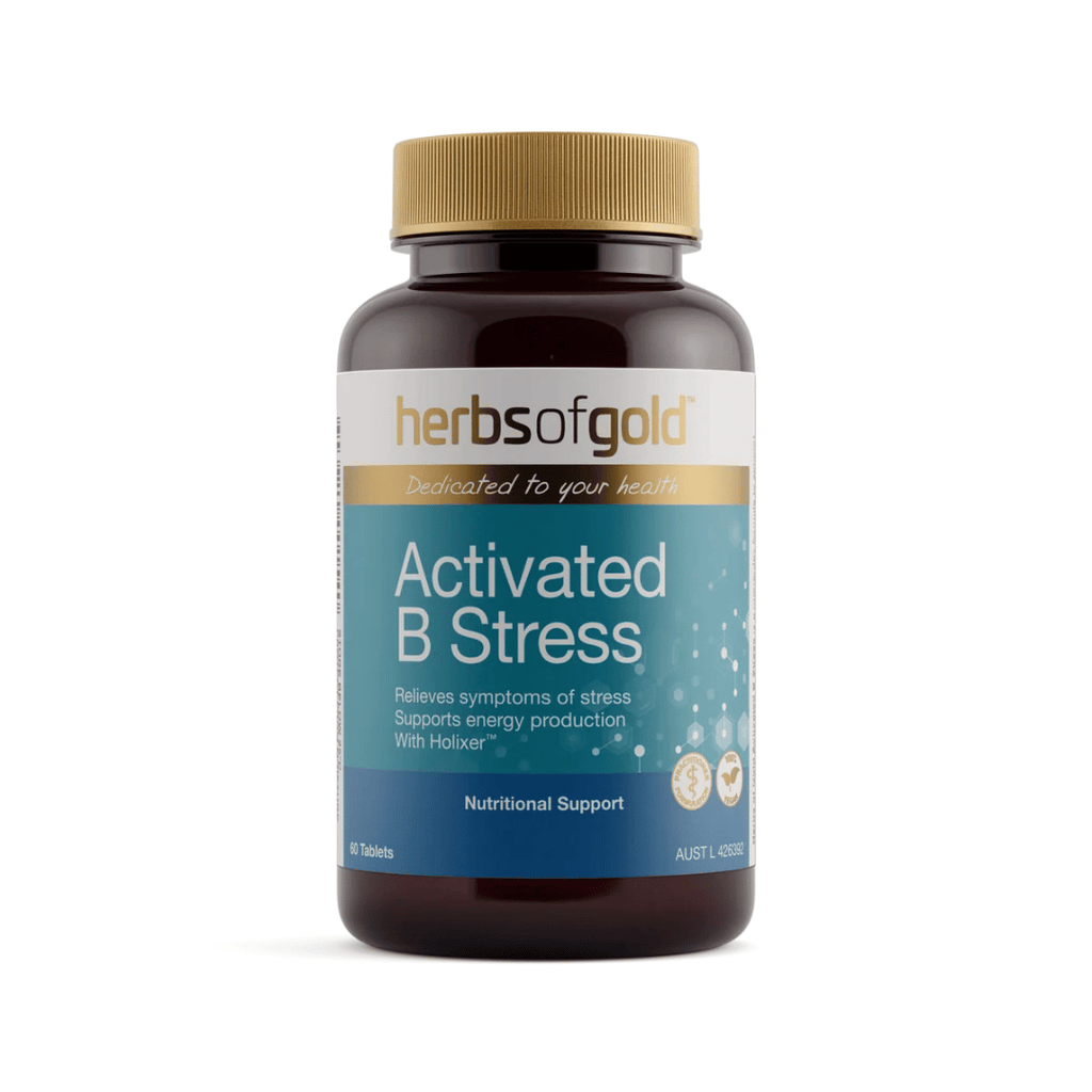 Herbs Of Gold Activated B Stress supplement featuring activated B vitamins, Holixer™ Holy basil extract and vitamin C in a convenient daily tablet.