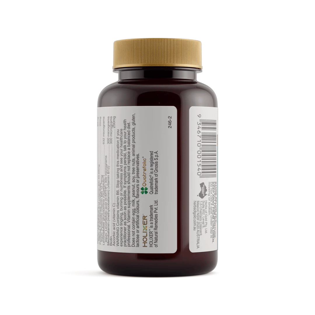 Herbs Of Gold Activated B Stress supplement featuring activated B vitamins, Holixer™ Holy basil extract and vitamin C in a convenient daily tablet.