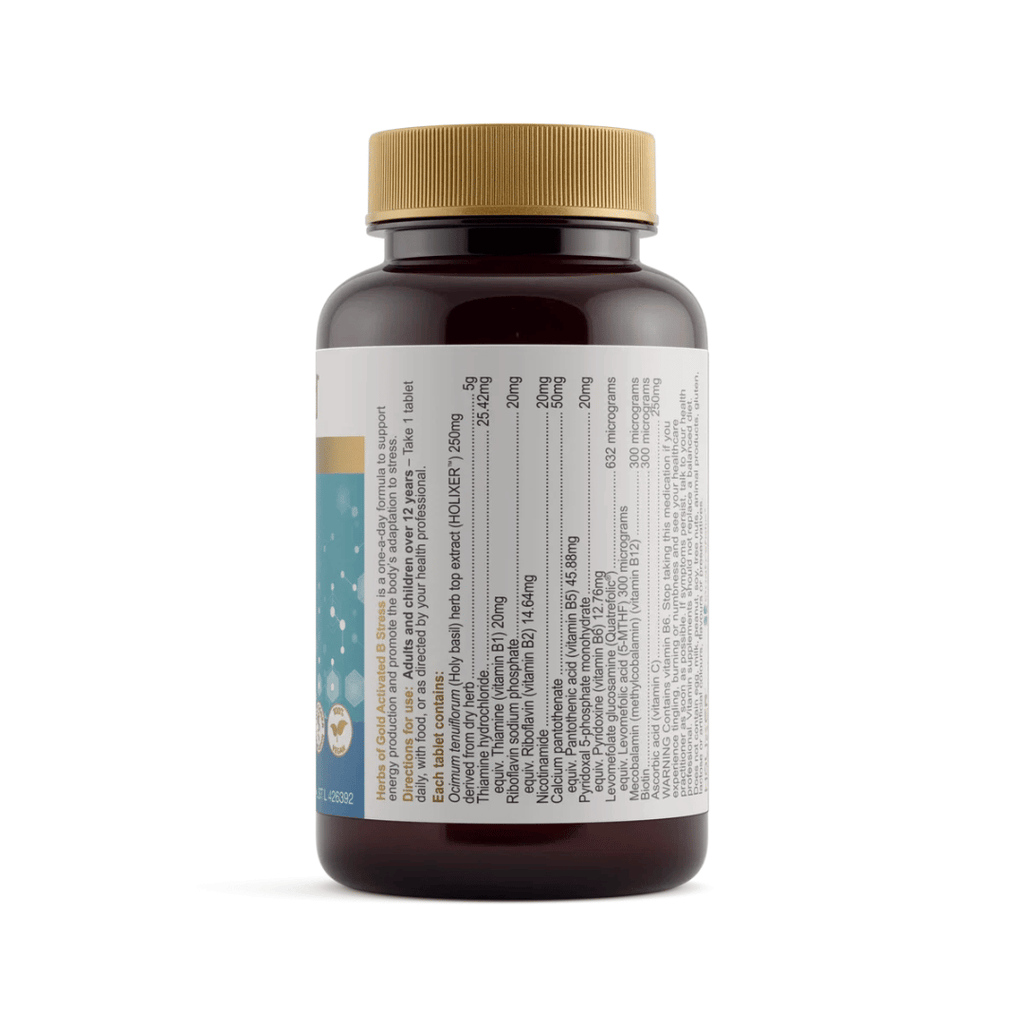 Herbs Of Gold Activated B Stress supplement featuring activated B vitamins, Holixer™ Holy basil extract and vitamin C in a convenient daily tablet.