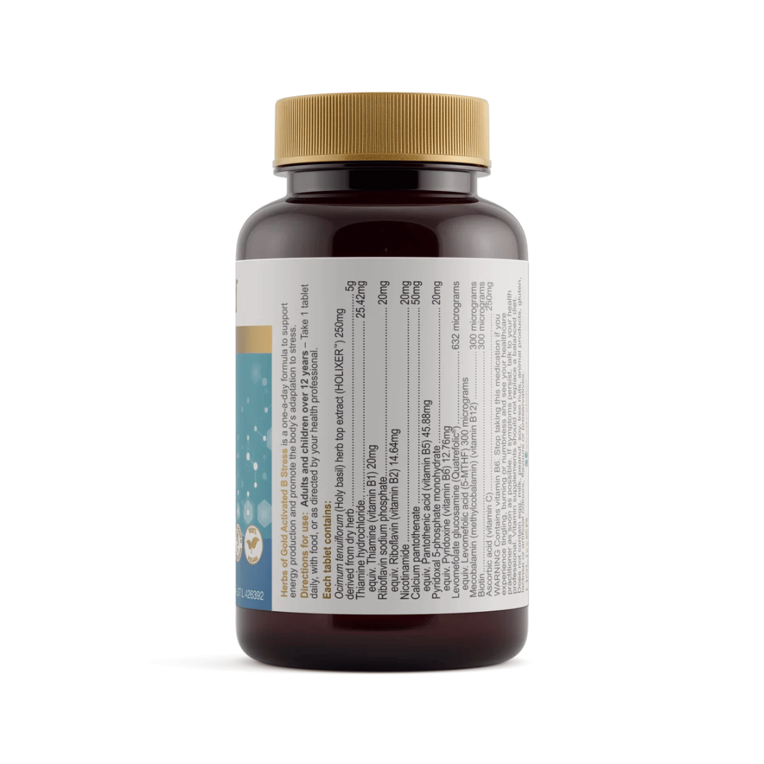 Herbs Of Gold Activated B Stress supplement featuring activated B vitamins, Holixer™ Holy basil extract and vitamin C in a convenient daily tablet.
