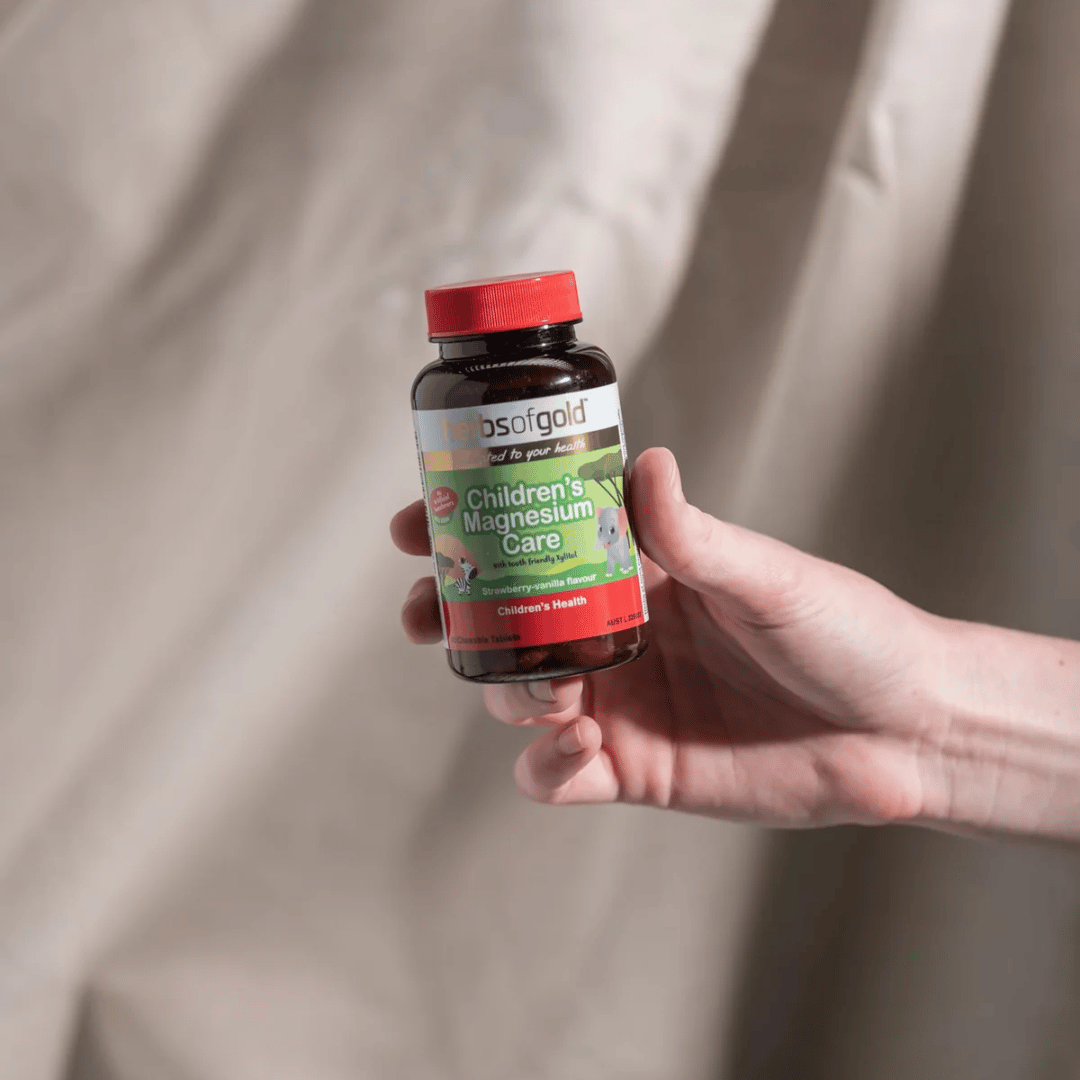 Herbs Of Gold Children’s Magnesium Care chewable tablets with magnesium citrate and amino acid chelate, strawberry-vanilla flavoured for children’s nervous system support.