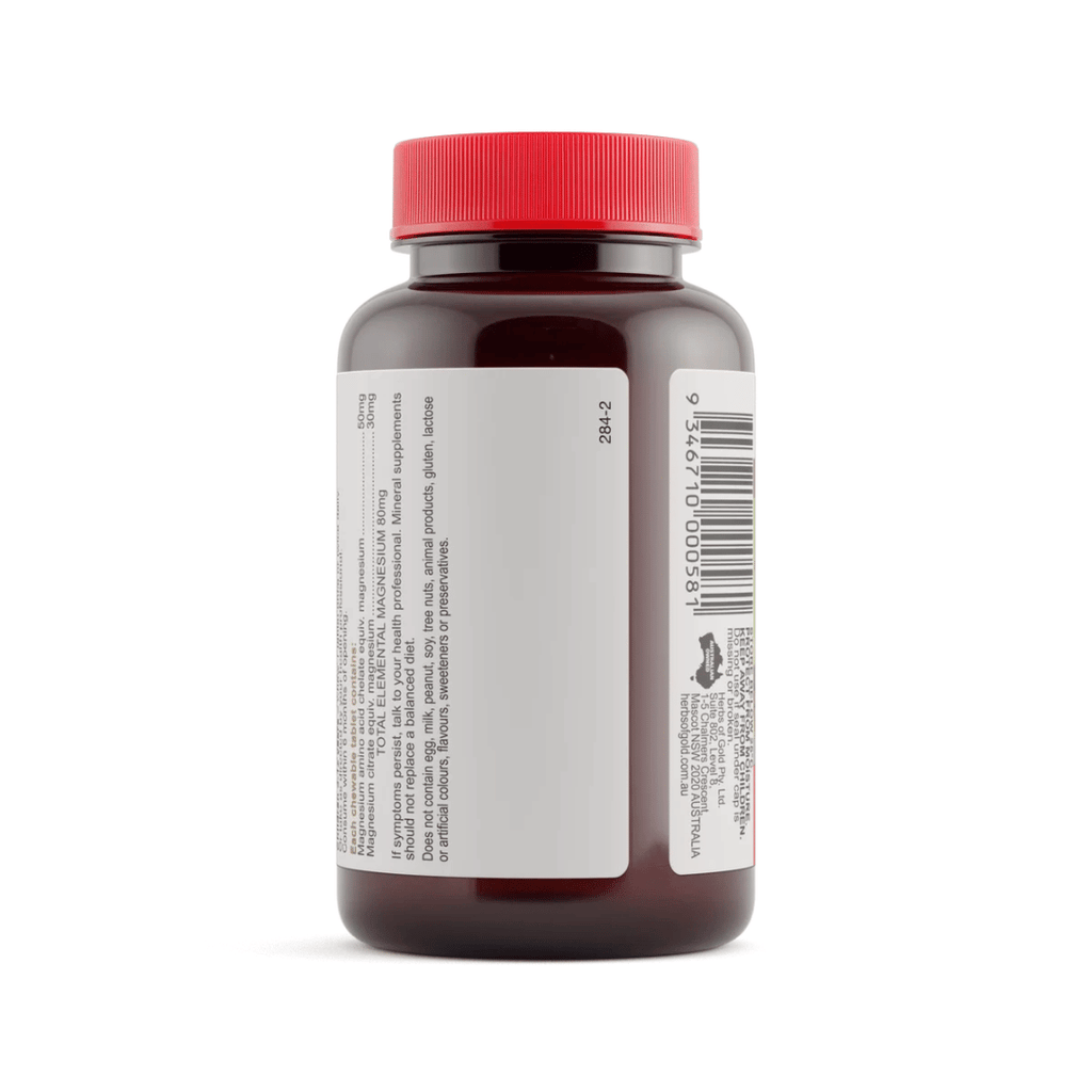 Herbs Of Gold Children’s Magnesium Care chewable tablets with magnesium citrate and amino acid chelate, strawberry-vanilla flavoured for children’s nervous system support.
