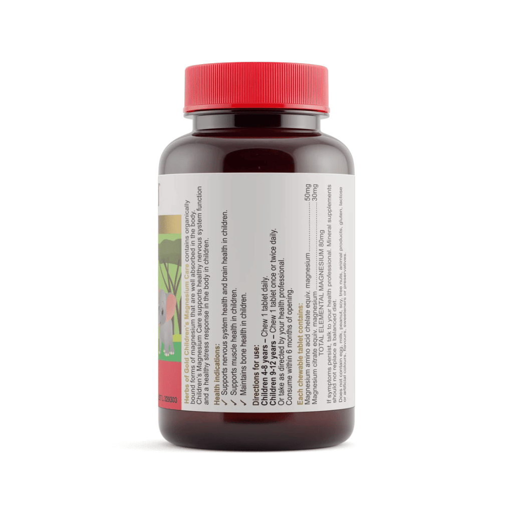 Herbs Of Gold Children’s Magnesium Care chewable tablets with magnesium citrate and amino acid chelate, strawberry-vanilla flavoured for children’s nervous system support.