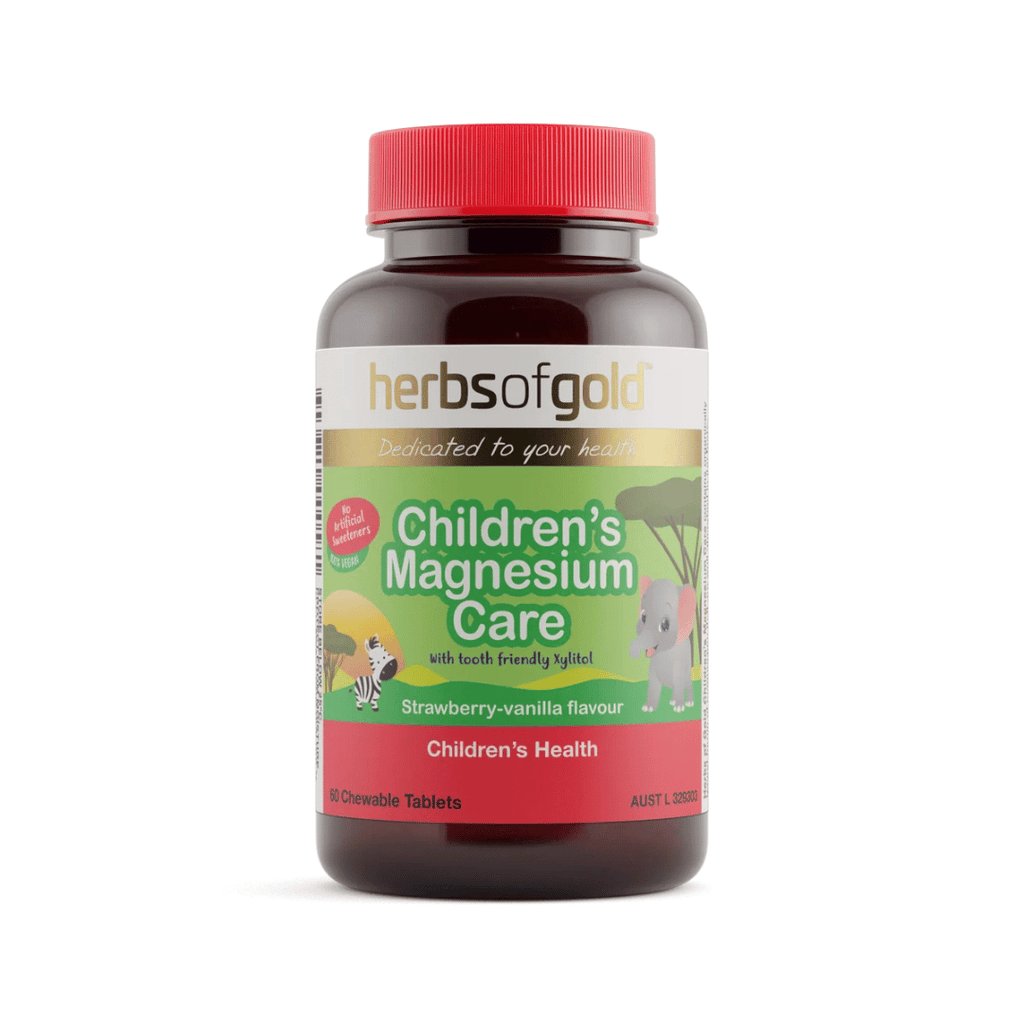 Herbs Of Gold Children’s Magnesium Care chewable tablets with magnesium citrate and amino acid chelate, strawberry-vanilla flavoured for children’s nervous system support.
