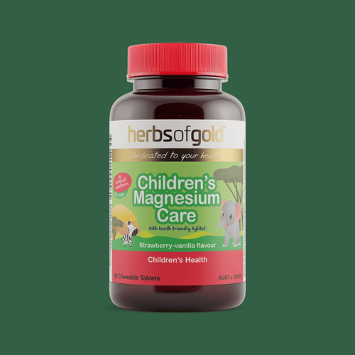Herbs Of Gold Children’s Magnesium Care chewable tablets with magnesium citrate and amino acid chelate, strawberry-vanilla flavoured for children’s nervous system support.