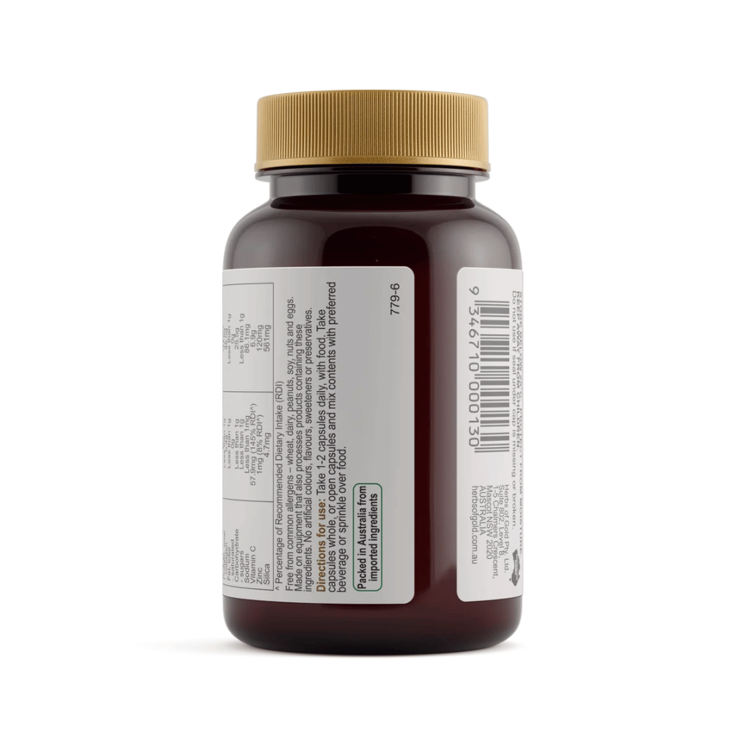Herbs Of Gold Collagen capsules featuring fish-derived collagen, vitamin C, zinc, acerola berry and guava leaf for daily skin, hair and nail support.