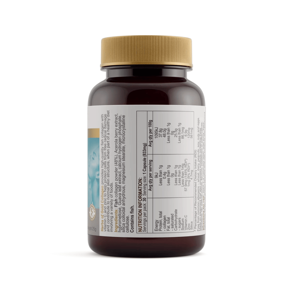 Herbs Of Gold Collagen capsules featuring fish-derived collagen, vitamin C, zinc, acerola berry and guava leaf for daily skin, hair and nail support.
