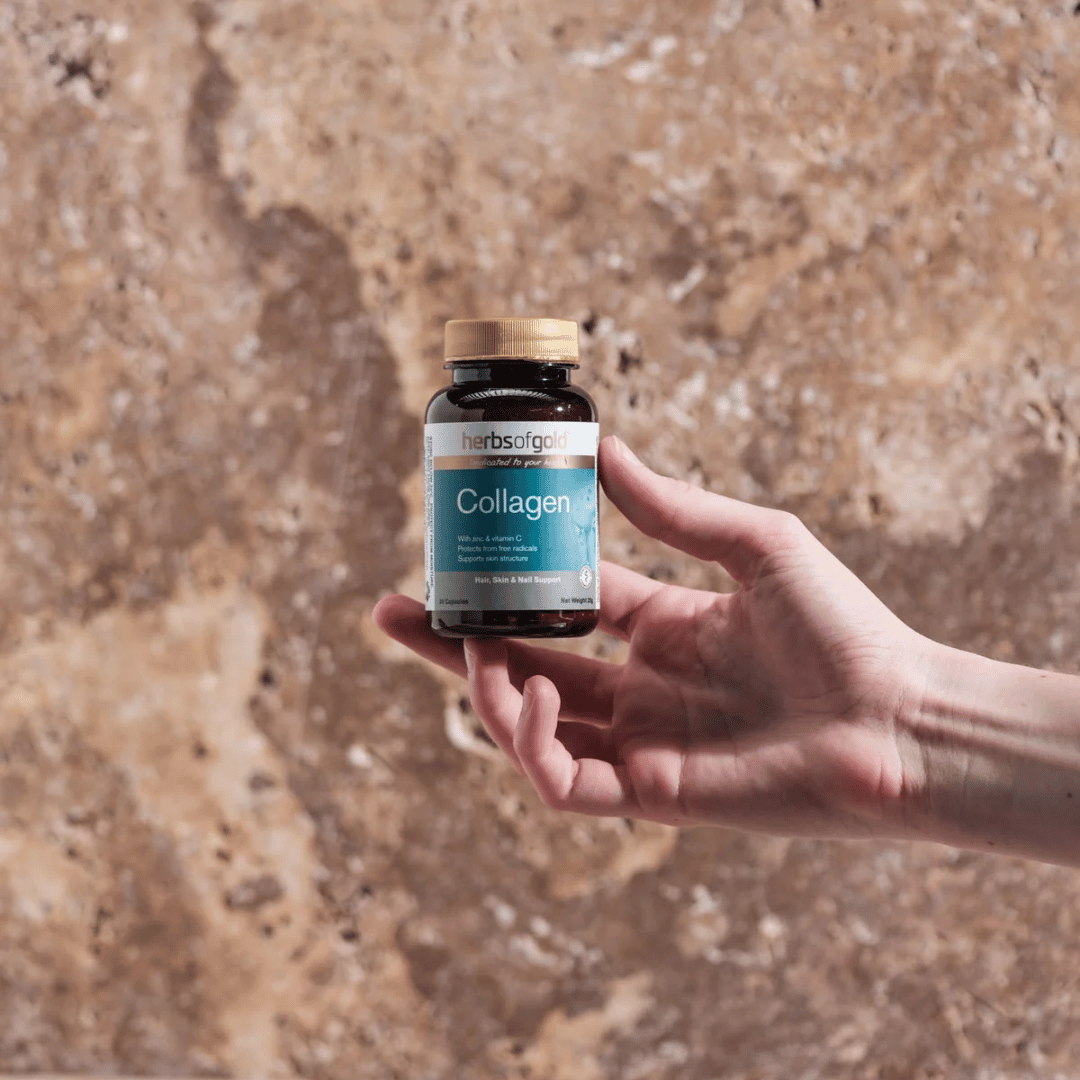 Herbs Of Gold Collagen capsules featuring fish-derived collagen, vitamin C, zinc, acerola berry and guava leaf for daily skin, hair and nail support.