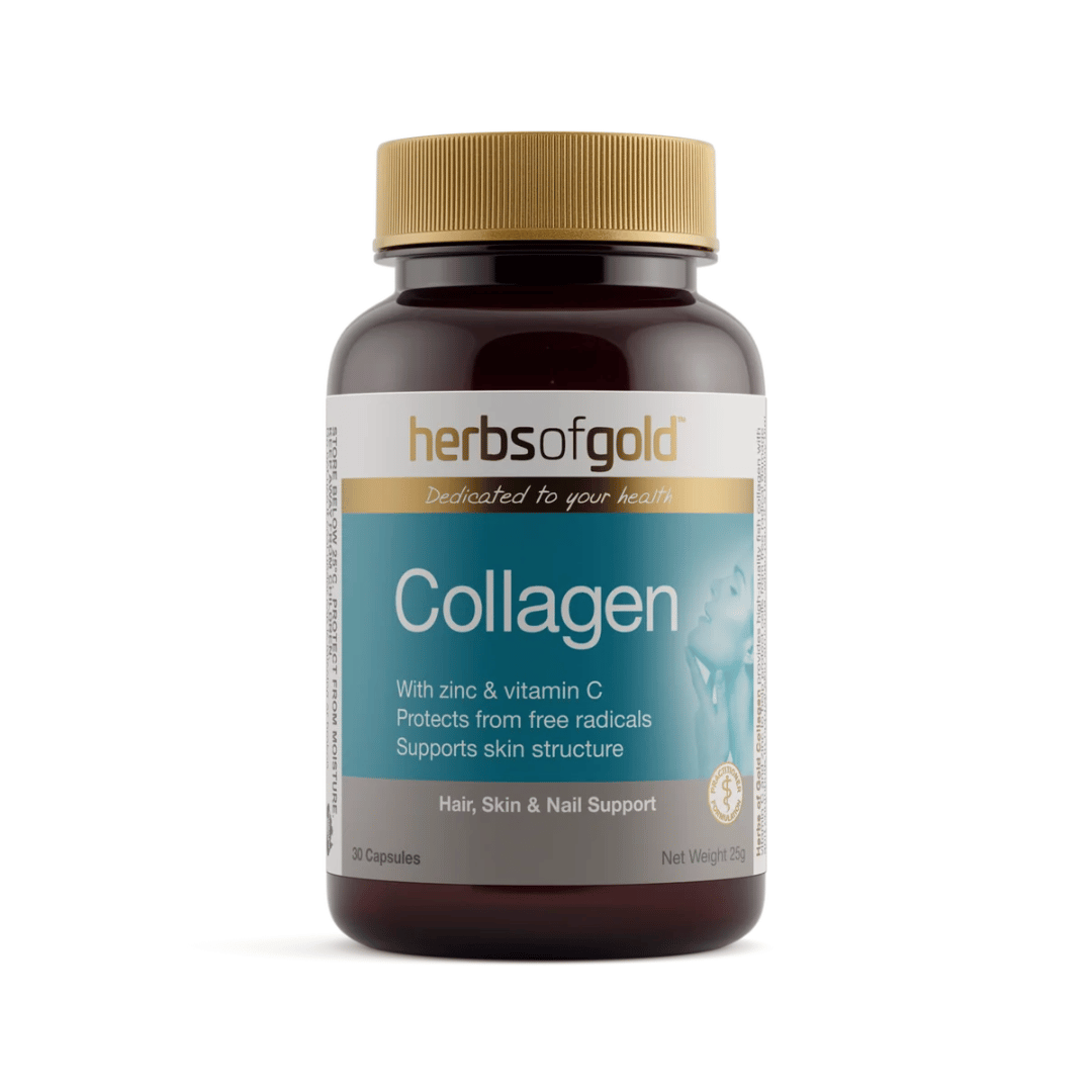 Herbs Of Gold Collagen capsules featuring fish-derived collagen, vitamin C, zinc, acerola berry and guava leaf for daily skin, hair and nail support.
