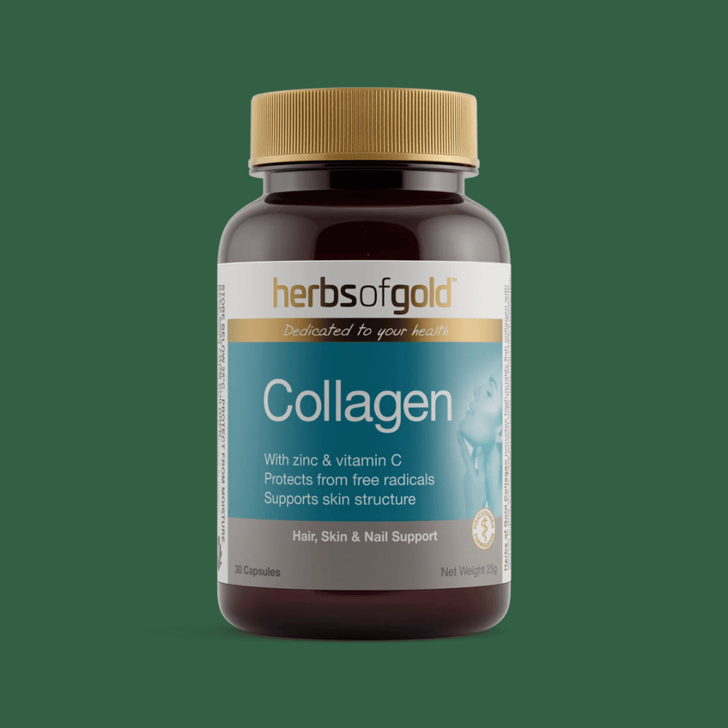 Herbs Of Gold Collagen capsules featuring fish-derived collagen, vitamin C, zinc, acerola berry and guava leaf for daily skin, hair and nail support.