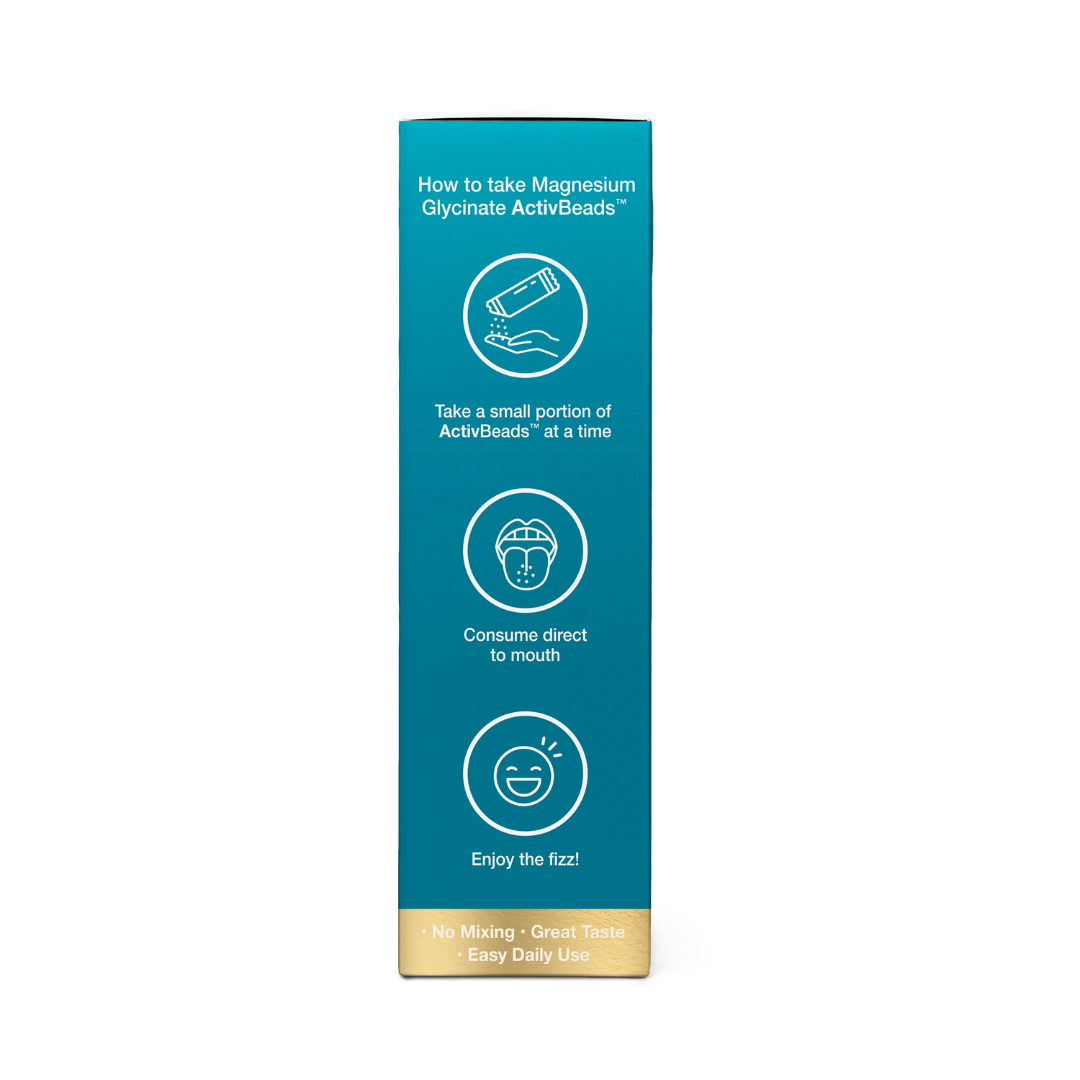 Herbs of Gold Magnesium Glycinate ActivBeads™ sachets providing 180mg magnesium glycinate in raspberry lemonade flavour.