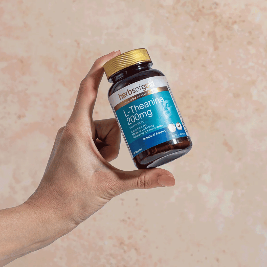 Herbs Of Gold L-Theanine 200mg capsules featuring AlphaWave® L-Theanine to support relaxation, mental focus, clarity and a healthy stress response.
