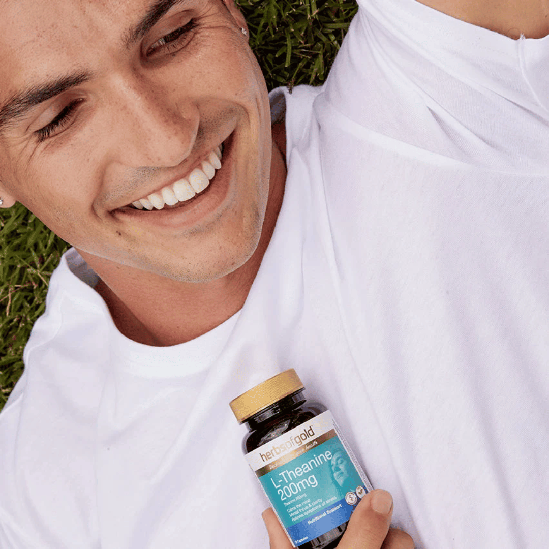 Herbs Of Gold L-Theanine 200mg capsules featuring AlphaWave® L-Theanine to support relaxation, mental focus, clarity and a healthy stress response.
