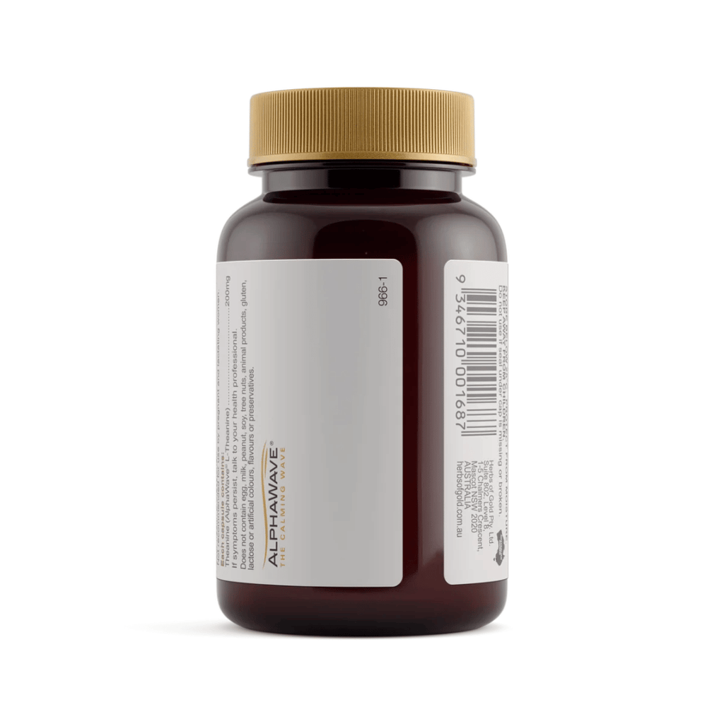 Herbs Of Gold L-Theanine 200mg capsules featuring AlphaWave® L-Theanine to support relaxation, mental focus, clarity and a healthy stress response.