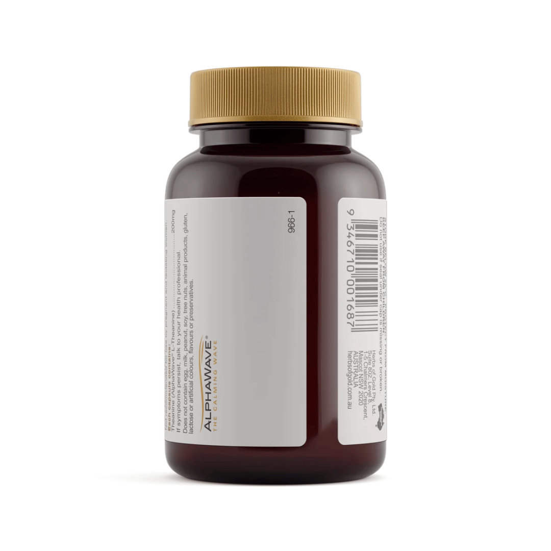 Herbs Of Gold L-Theanine 200mg capsules featuring AlphaWave® L-Theanine to support relaxation, mental focus, clarity and a healthy stress response.
