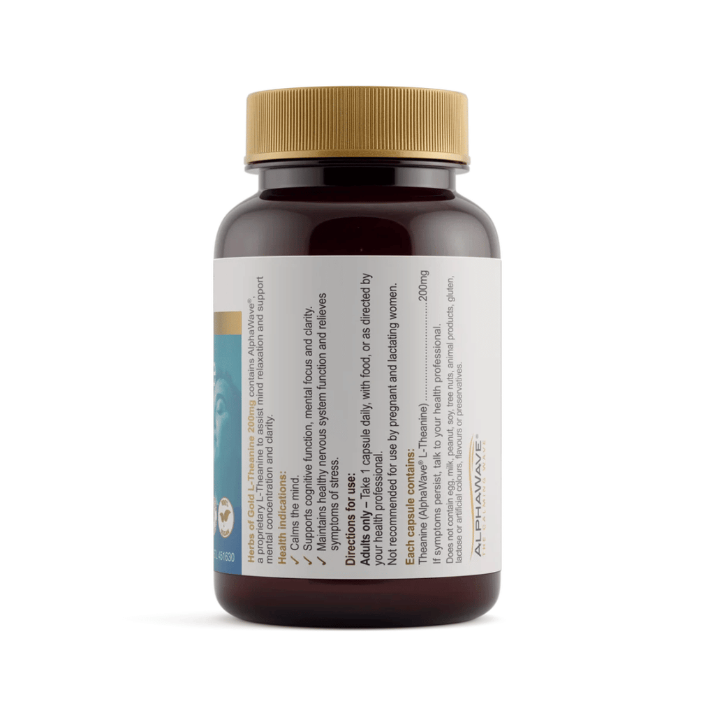 Herbs Of Gold L-Theanine 200mg capsules featuring AlphaWave® L-Theanine to support relaxation, mental focus, clarity and a healthy stress response.