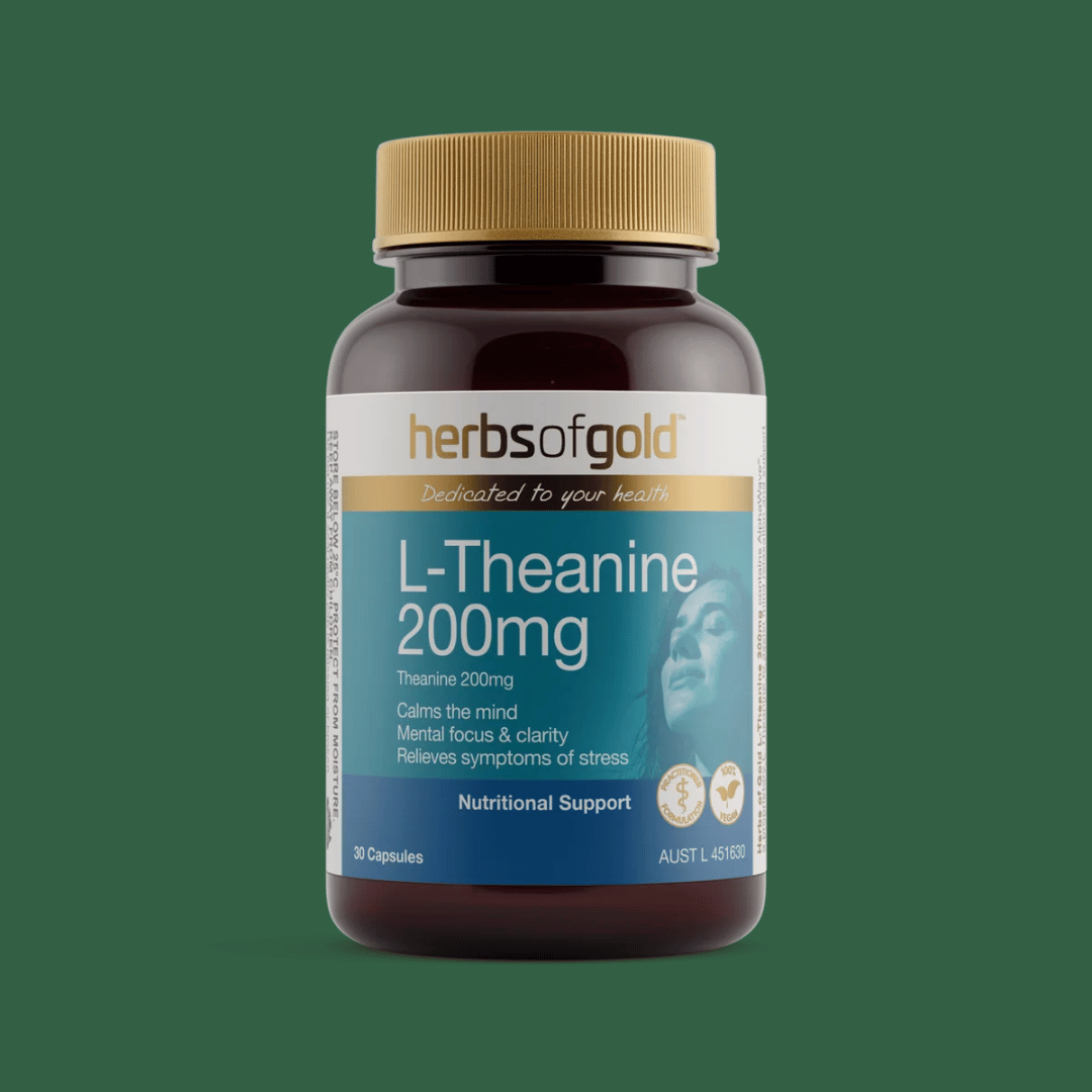 Herbs Of Gold L-Theanine 200mg capsules featuring AlphaWave® L-Theanine to support relaxation, mental focus, clarity and a healthy stress response.