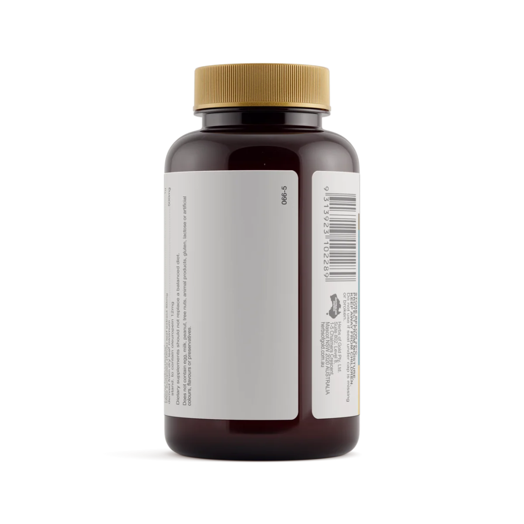 Herbs of Gold Lysine 1000 + Olive Leaf tablets containing high-strength lysine and standardised olive leaf extract to support collagen formation and general wellbeing.