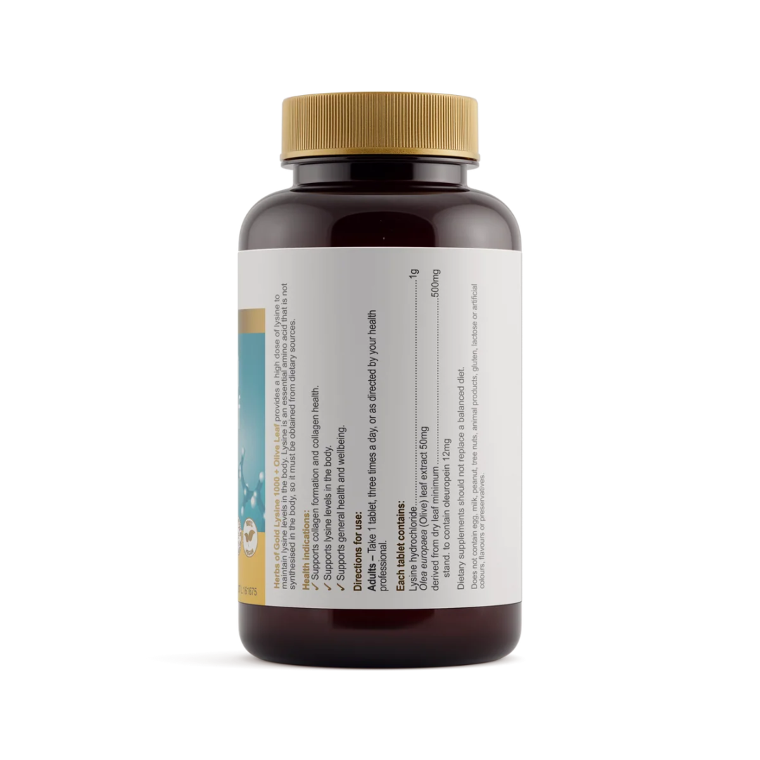 Herbs of Gold Lysine 1000 + Olive Leaf tablets containing high-strength lysine and standardised olive leaf extract to support collagen formation and general wellbeing.