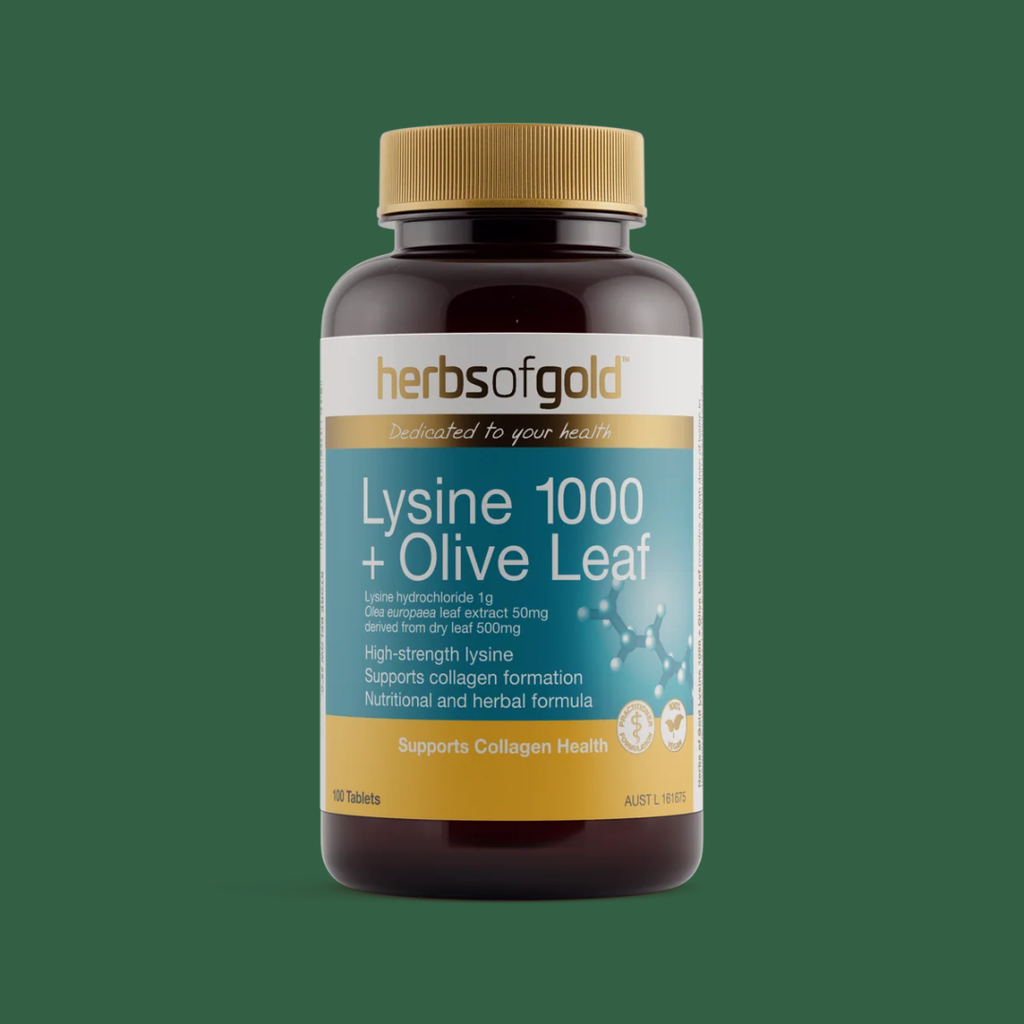 Herbs of Gold Lysine 1000 + Olive Leaf tablets containing high-strength lysine and standardised olive leaf extract to support collagen formation and general wellbeing.