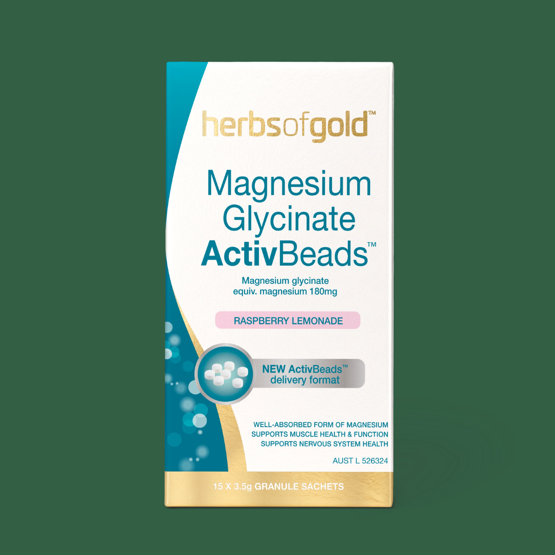 Herbs of Gold Magnesium Glycinate ActivBeads™ sachets providing 180mg magnesium glycinate in raspberry lemonade flavour.