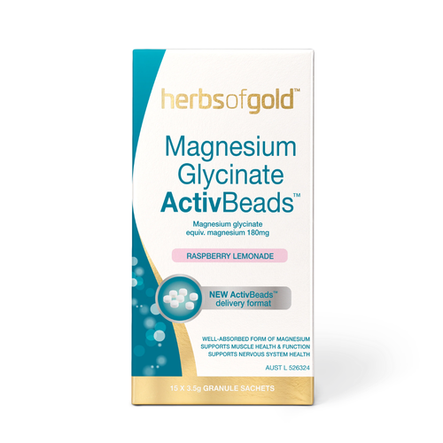 Herbs of Gold Magnesium Glycinate ActivBeads™ sachets providing 180mg magnesium glycinate in raspberry lemonade flavour.